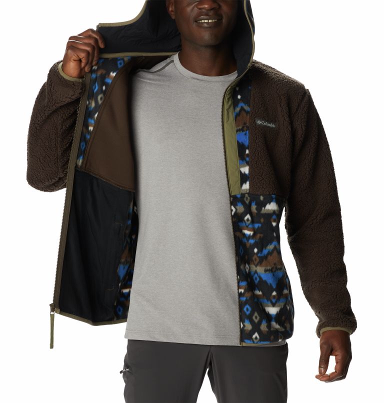 Men's Backbowl Sherpa Hooded Jacket, Color: Cordovan, Bright Indigo Rocky Mtn Print, image 5