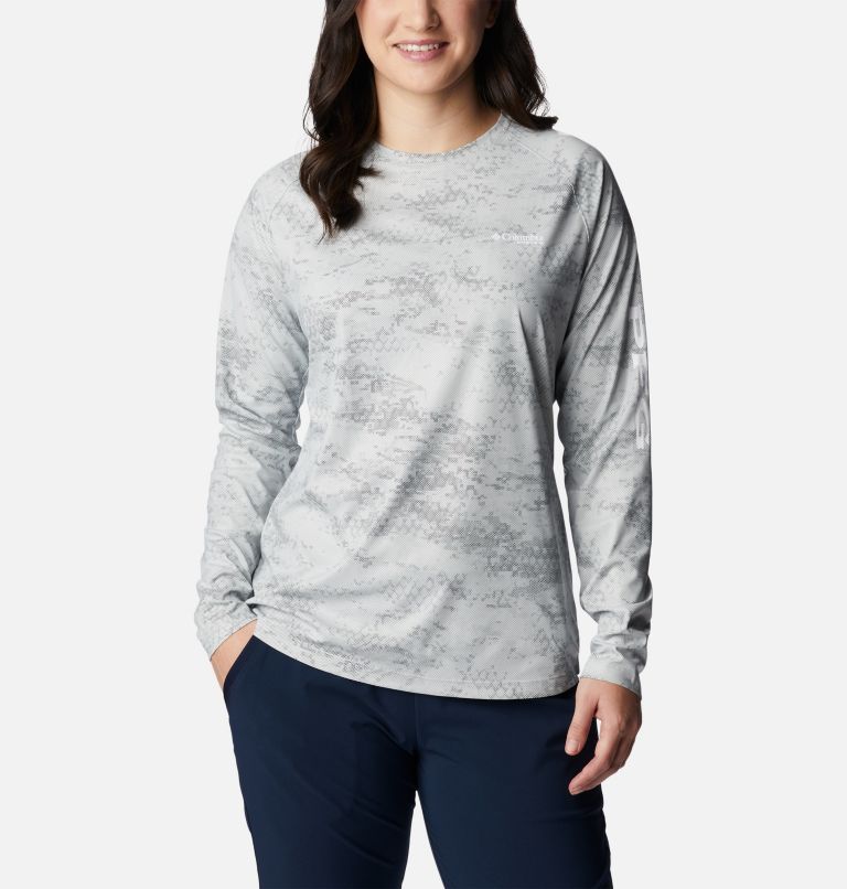 Women's PFG Tidal Deflector Printed Long Sleeve Shirt, Color: Cool Grey, PFG Camo Dark, image 1