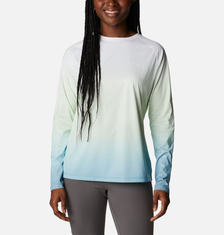 Chandail imprimé à manches longues PFG Tidal Deflector Femme, Color: Light Lime, Deep Marine Gradient, image 1