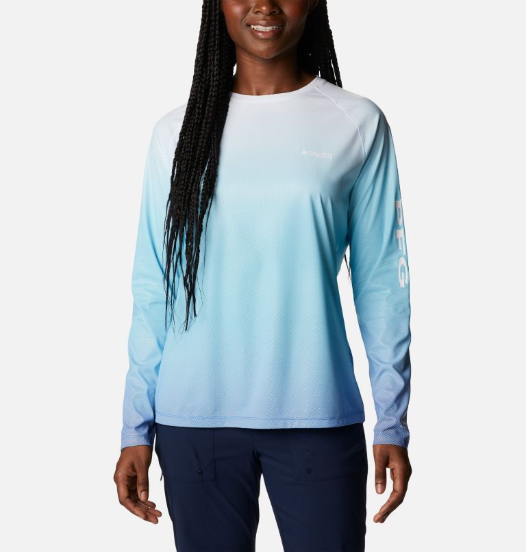 Thumbnail: Women's PFG Tidal Deflector Printed Long Sleeve Shirt, Color: Atoll, Blue Macaw Gradient, image 1