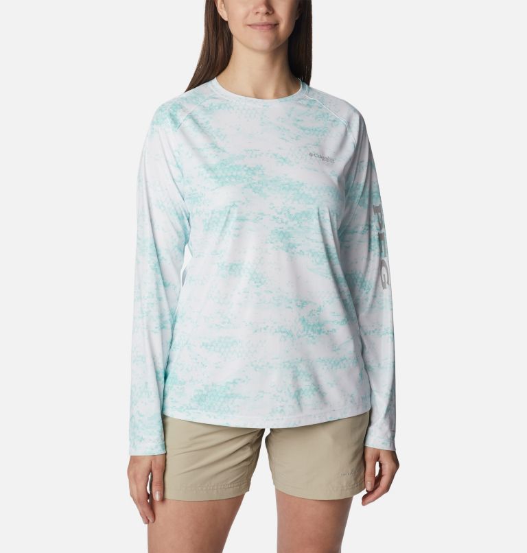 Women's PFG Tidal Deflector Printed Long Sleeve Shirt, Color: Gulf Stream PFG Camo, image 1