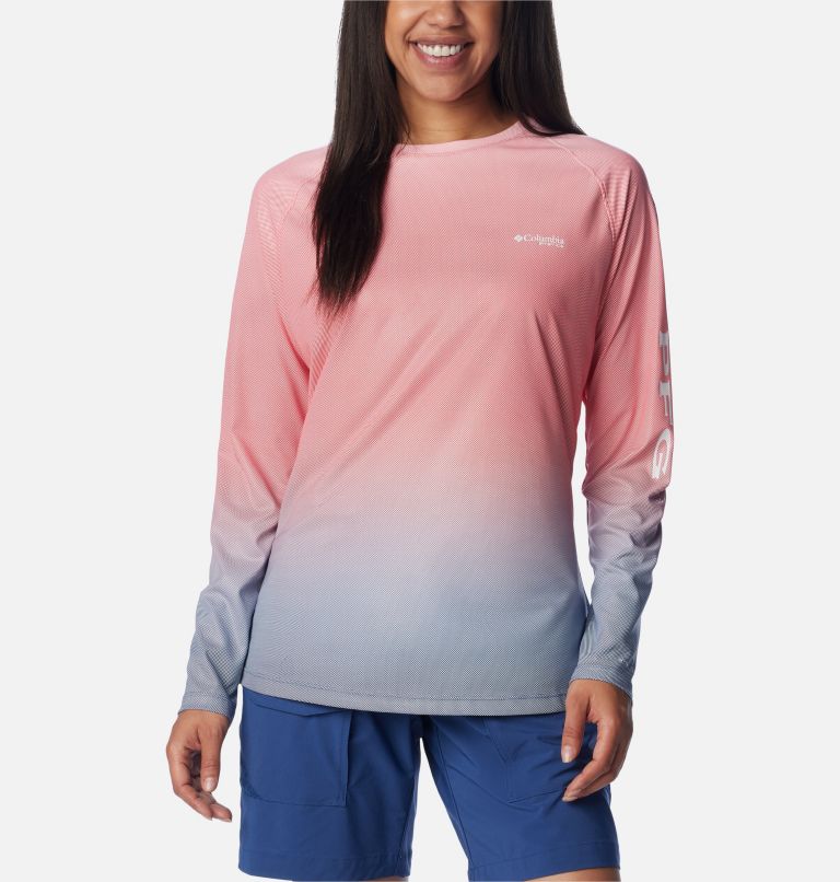 Women's PFG Tidal Deflector Printed Long Sleeve Shirt, Color: Red Spark Gradient, image 1