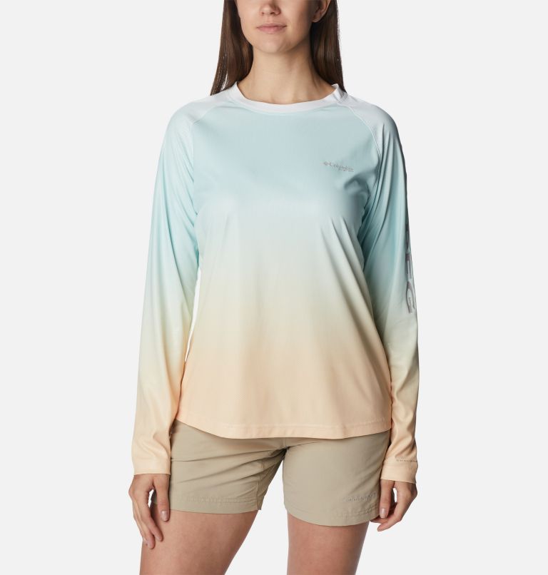 Women's PFG Tidal Deflector Printed Long Sleeve Shirt, Color: Cocoa Butter Gradient, image 1