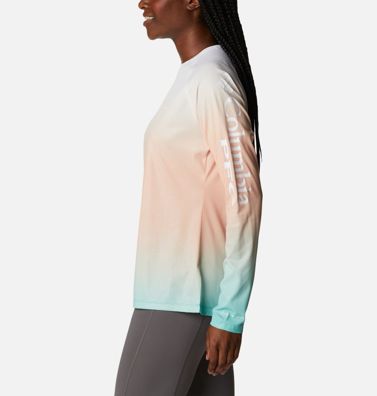 Women's PFG Tidal Deflector Printed Long Sleeve Shirt, Color: Bright Nectar, Elctrc Turq Gradient, image 3