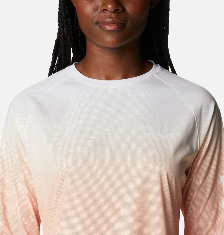 Women's PFG Tidal Deflector Printed Long Sleeve Shirt, Color: Bright Nectar, Elctrc Turq Gradient, image 4