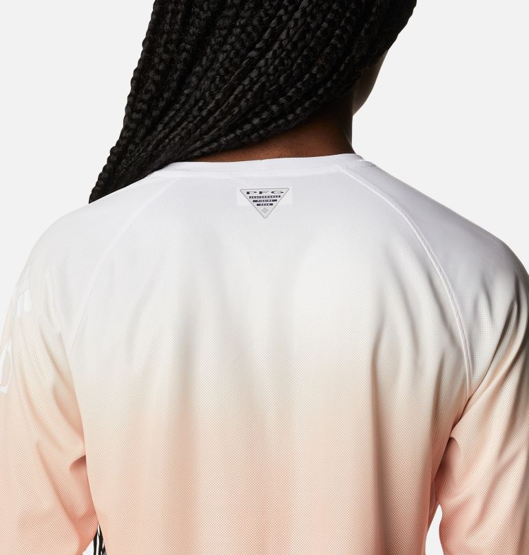 Women's PFG Tidal Deflector Printed Long Sleeve Shirt, Color: Bright Nectar, Elctrc Turq Gradient, image 5
