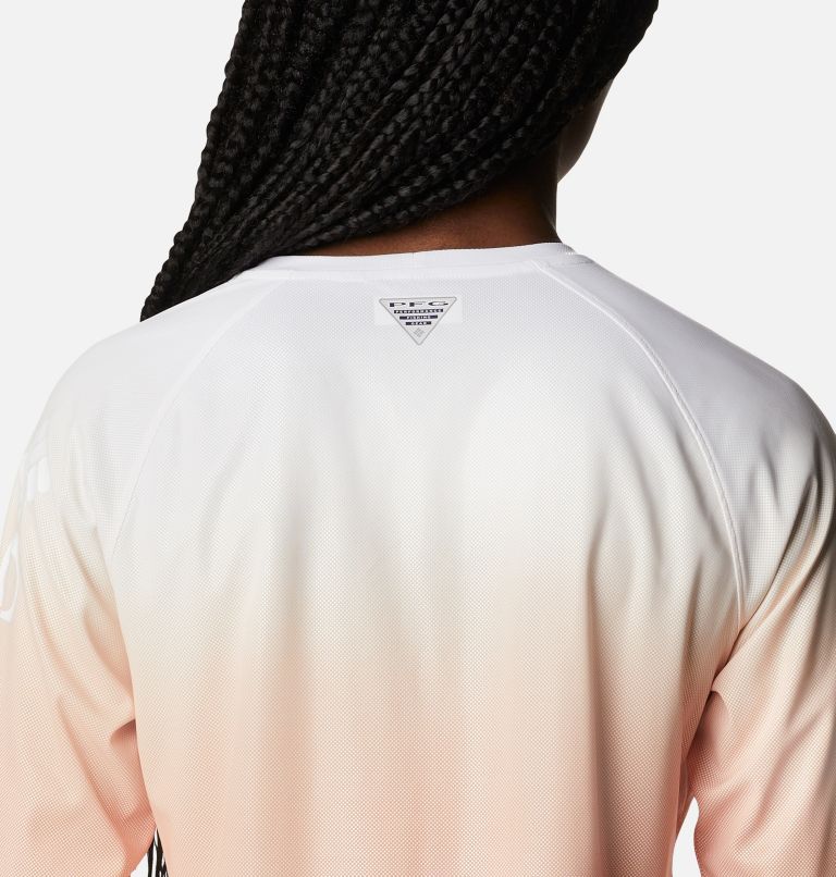 Women's PFG Tidal Deflector Printed Long Sleeve Shirt, Color: Bright Nectar, Elctrc Turq Gradient, image 5