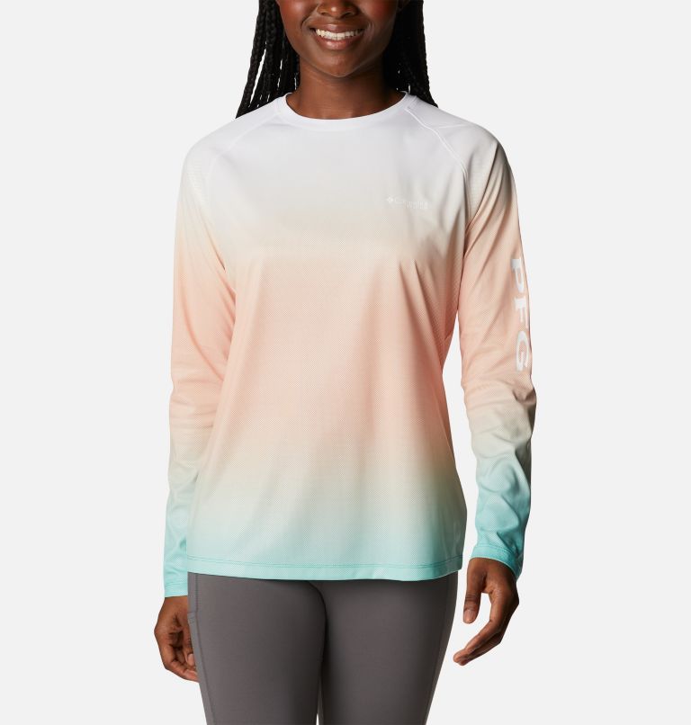 Women's PFG Tidal Deflector Printed Long Sleeve Shirt, Color: Bright Nectar, Elctrc Turq Gradient, image 1