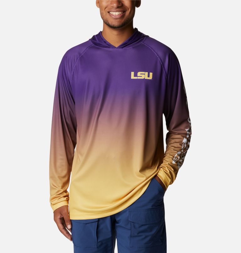 Men's Collegiate PFG Super Terminal Tackle Hoodie - LSU, Color: LSU - Vivid Purple Gradient Print