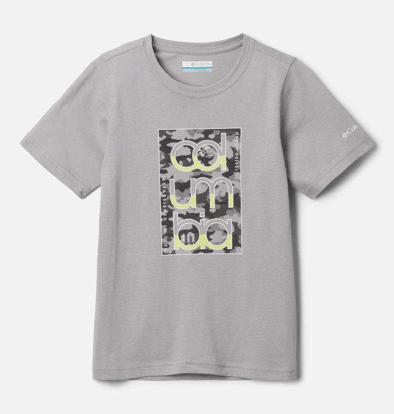 Boys' Basin Ridge Short Sleeve Graphic T-Shirt, Color: Columbia Grey, Outlined Lockup Camo, image 1