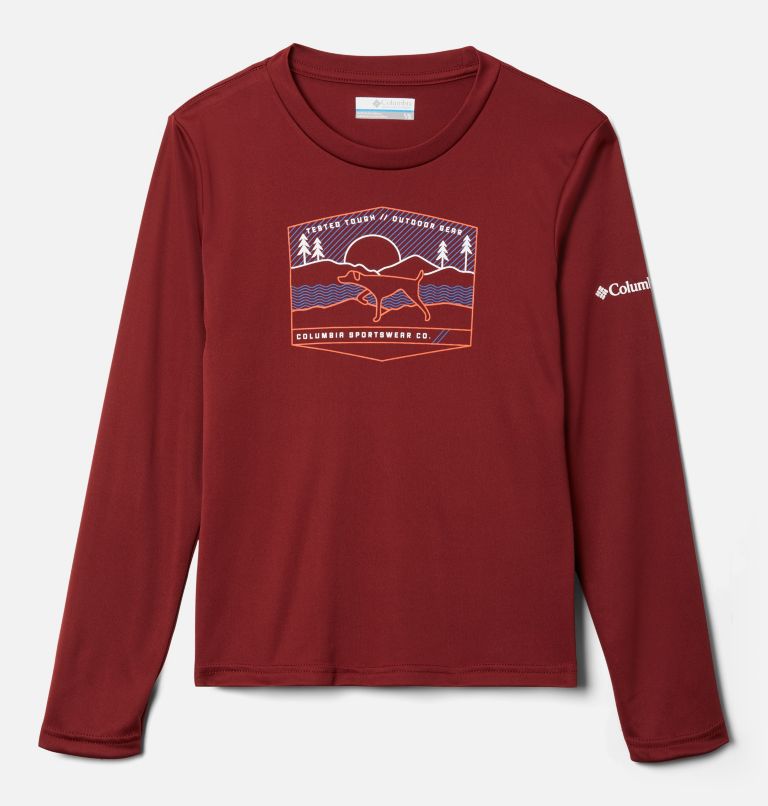 Thumbnail: Boys' Grizzly Peak Long Sleeve Graphic T-Shirt, Color: Red Jasper, Hound Scape, image 1
