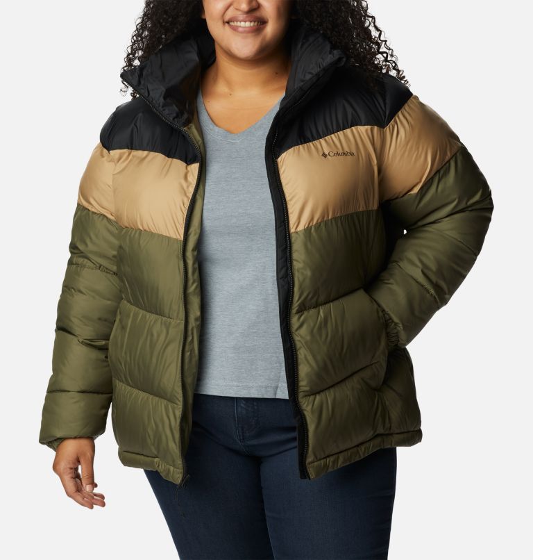 Thumbnail: Women's Puffect Color Blocked Jacket - Plus Size, Color: Stone Green, Beach, Black, image 7