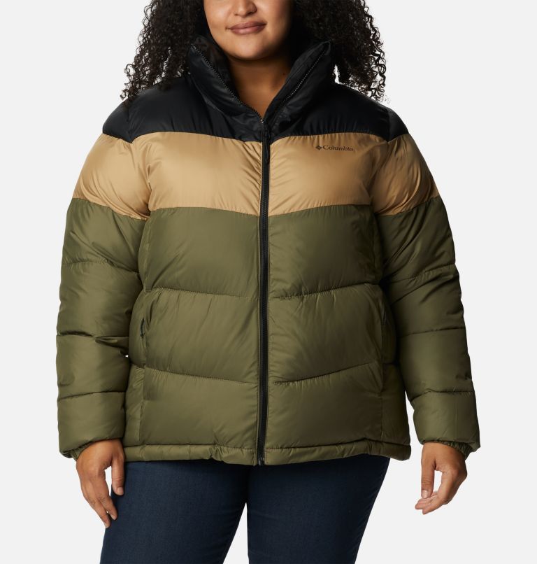 Thumbnail: Women's Puffect Color Blocked Jacket - Plus Size, Color: Stone Green, Beach, Black, image 1