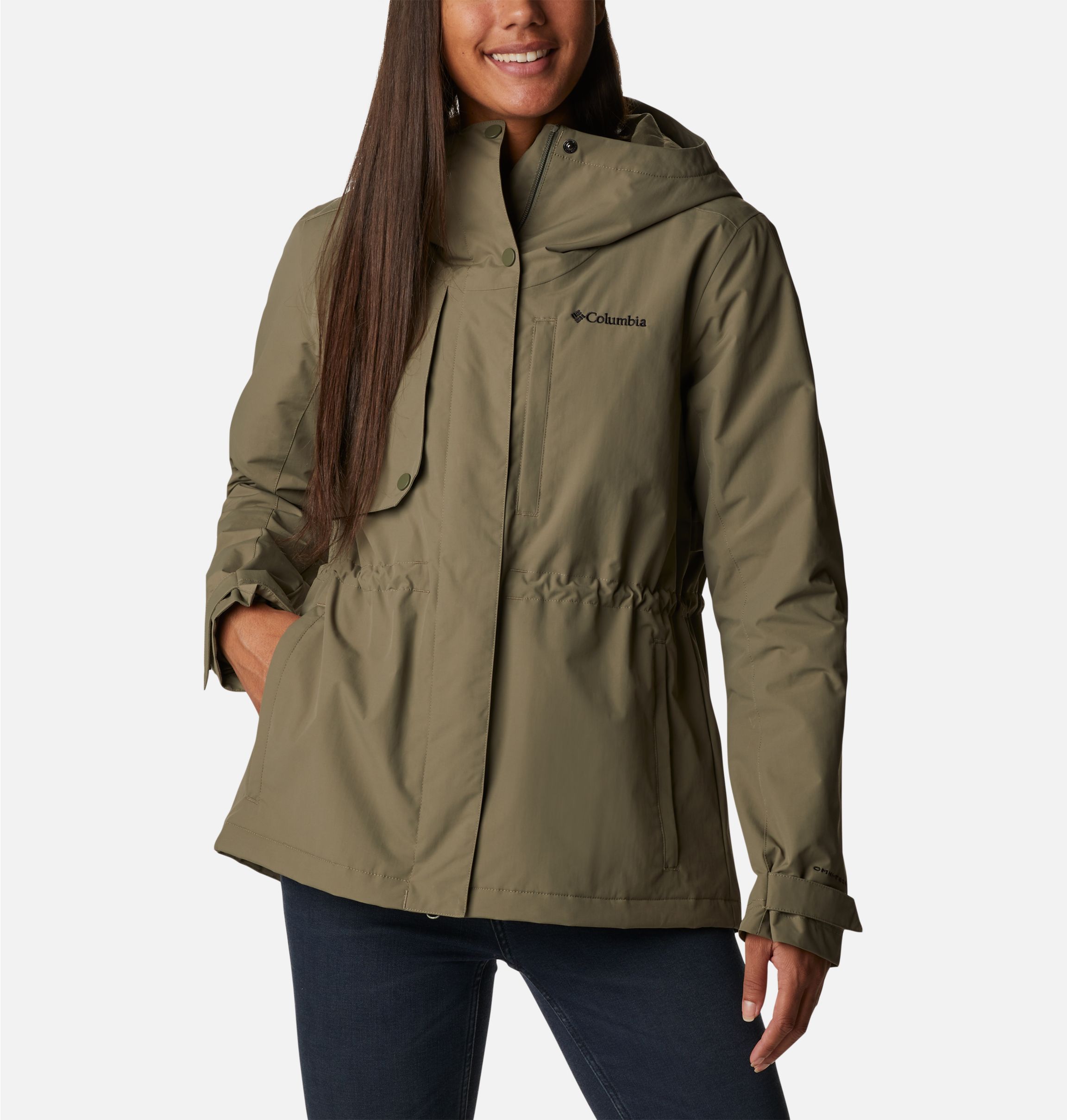 J Jill Rain Jacket Womens Medium Blue Packable Hood Lined Mid Length Coat