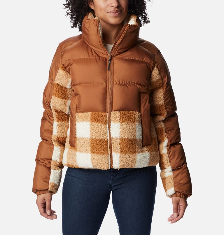 Women's Leadbetter Point Sherpa Hybrid Jacket, Color: Camel Brown, Camel Brown Check, image 1