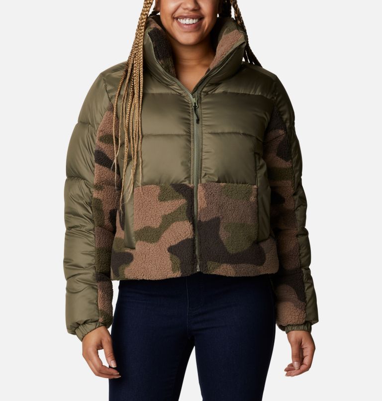 Thumbnail: Women's Leadbetter Point Sherpa Hybrid Jacket, Color: Stone Green, Cypress Mod Camo Prin, image 1