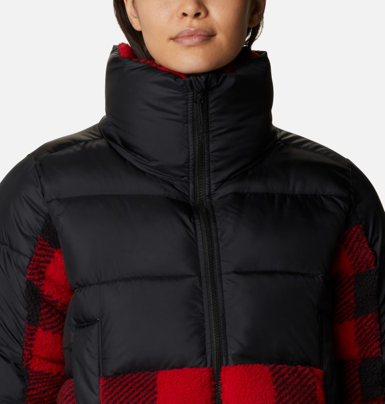 Women's Leadbetter Point Sherpa Hybrid Puffer Jacket, Color: Black, Red Buffalo Plaid Print, image 4