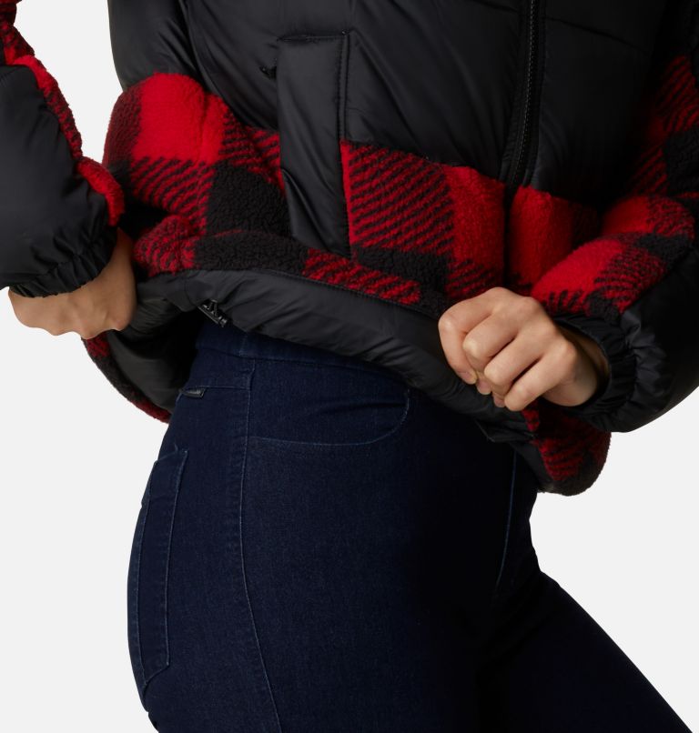 Thumbnail: Women's Leadbetter Point Sherpa Hybrid Puffer Jacket, Color: Black, Red Buffalo Plaid Print, image 6