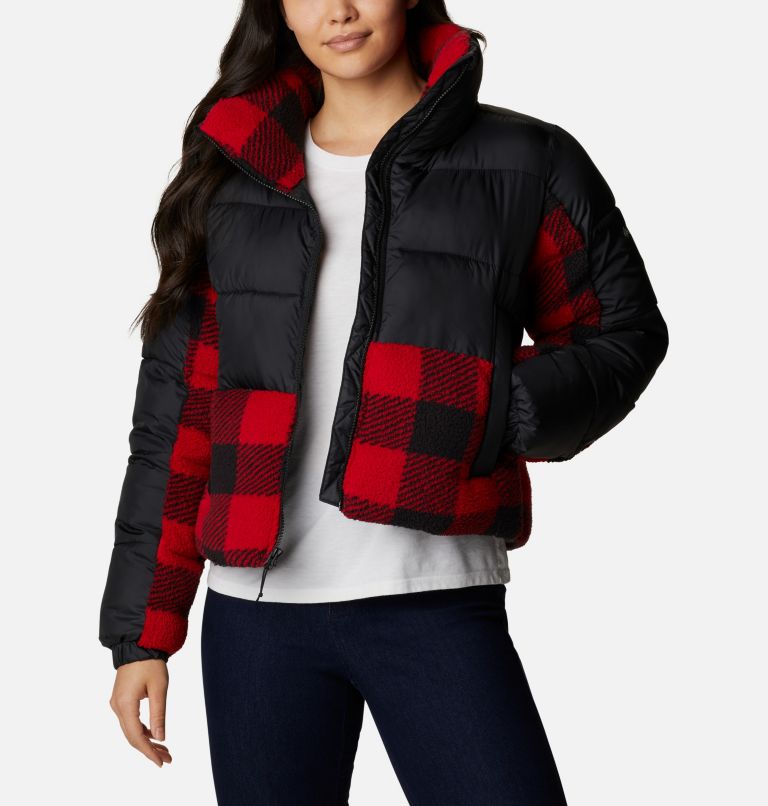Thumbnail: Women's Leadbetter Point Sherpa Hybrid Puffer Jacket, Color: Black, Red Buffalo Plaid Print, image 1