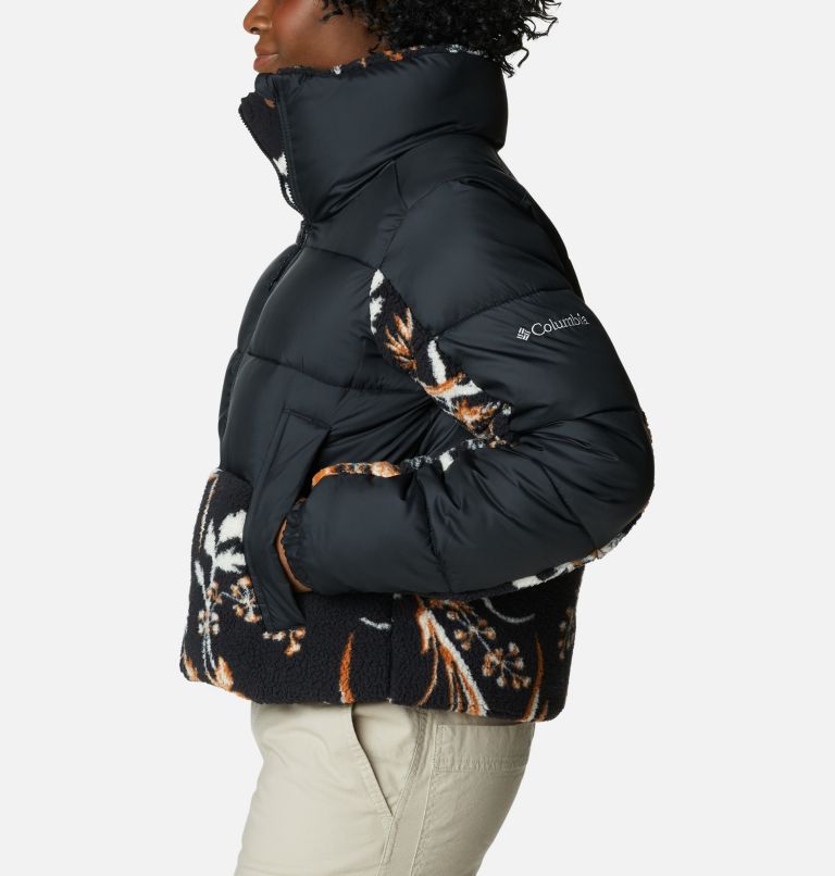 Women's Leadbetter Point Sherpa Hybrid Puffer Jacket, Color: Black, Black Fallgrass Print, image 3