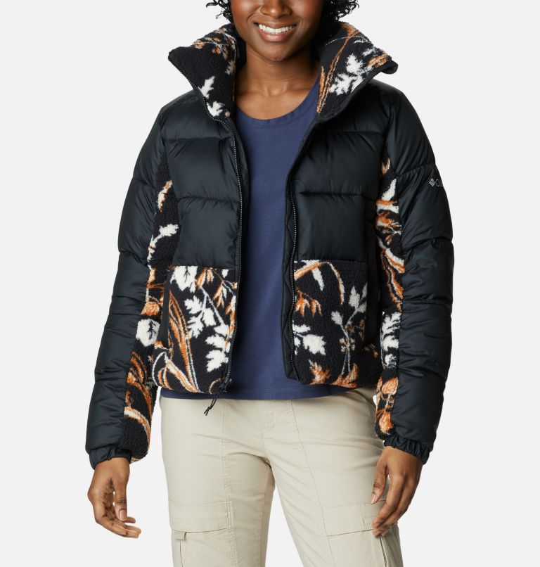 Women's Leadbetter Point Sherpa Hybrid Puffer Jacket, Color: Black, Black Fallgrass Print, image 7