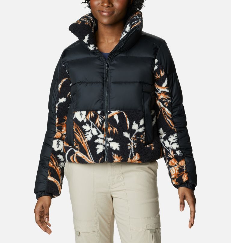 Women's Leadbetter Point Sherpa Hybrid Puffer Jacket, Color: Black, Black Fallgrass Print, image 1