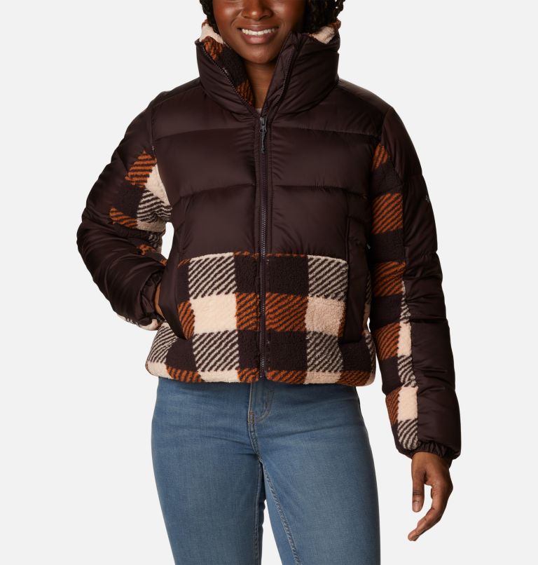 Women's Leadbetter Point Sherpa Hybrid Puffer Jacket, Color: New Cinder, Warm Copper Check Multi, image 1