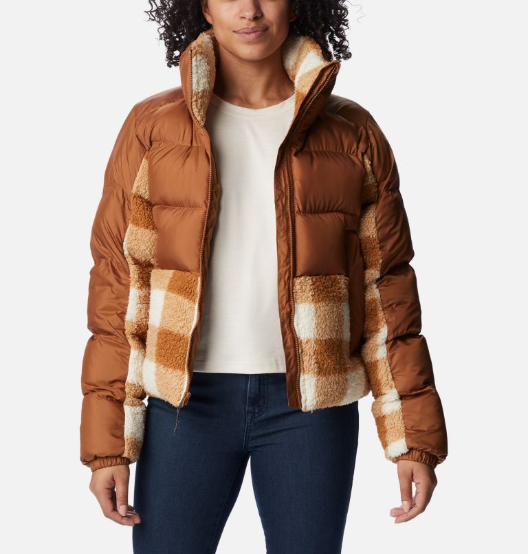 Women's Leadbetter Point Sherpa Hybrid Puffer Jacket, Color: Camel Brown, Camel Brown Check, image 7