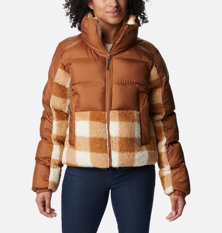 Women's Leadbetter Point Sherpa Hybrid Puffer Jacket, Color: Camel Brown, Camel Brown Check, image 1