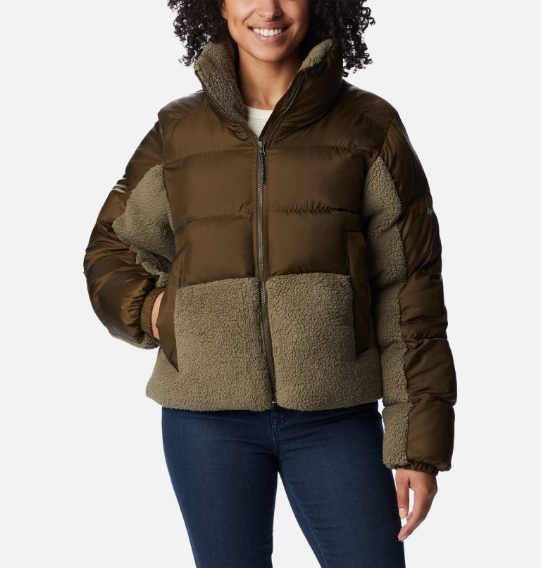 Thumbnail: Women's Leadbetter Point Sherpa Hybrid Puffer Jacket, Color: Olive Green, Stone Green, image 1