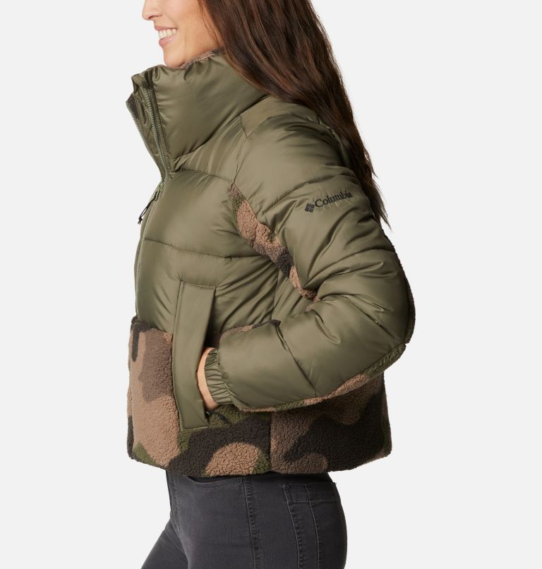 Thumbnail: Women's Leadbetter Point Sherpa Hybrid Puffer Jacket, Color: Stone Green, Cypress Mod Camo Prin, image 3