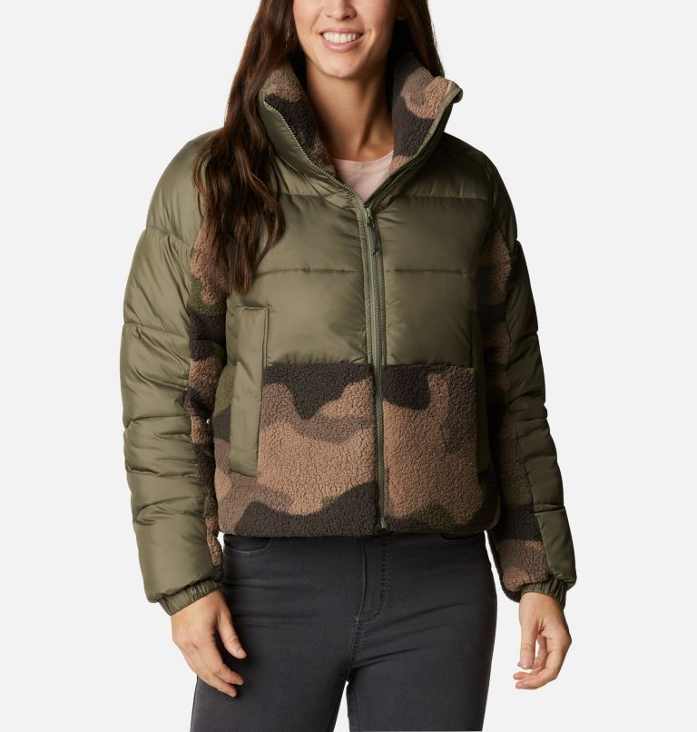 Women's Leadbetter Point Sherpa Hybrid Puffer Jacket, Color: Stone Green, Cypress Mod Camo Prin, image 1