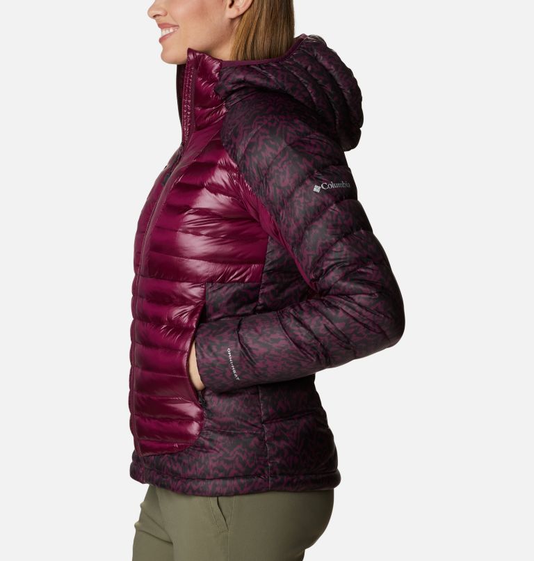 Women's Labyrinth Loop Insulated Hooded Jacket, Color: Marionberry, Marionberry Terrain Print, image 3
