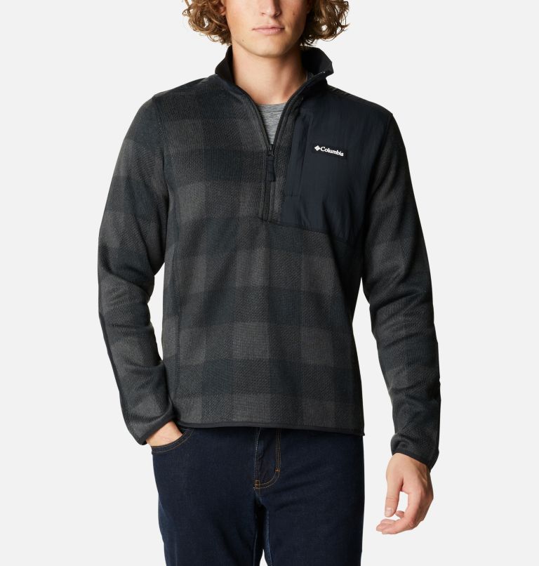 Men's Sweater Weather Fleece Printed Half Zip Pullover, Color: Black Camo Buffalo, Black, image 1