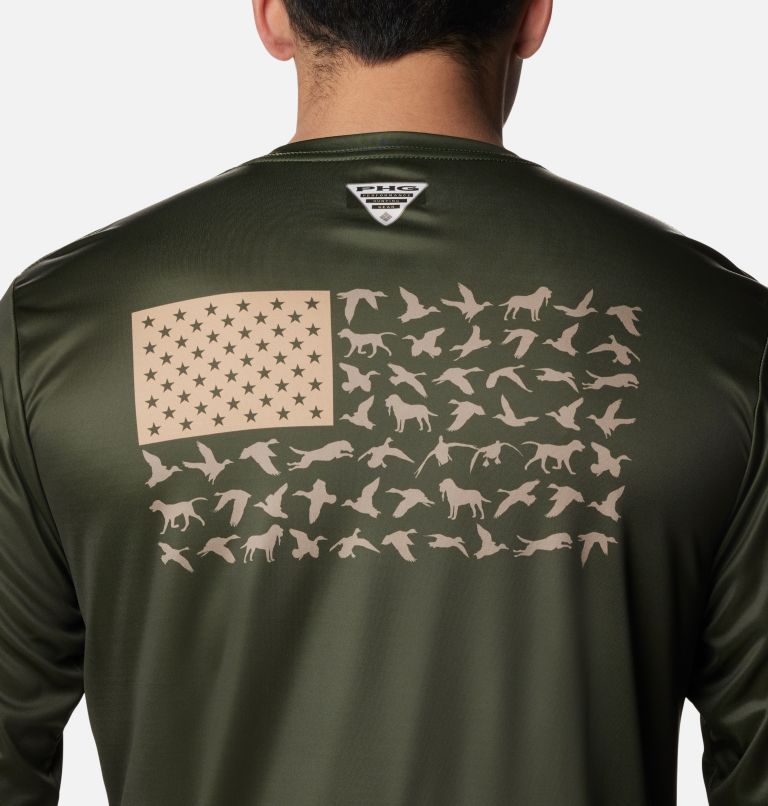 Thumbnail: Men's PHG Terminal Shot Game Flag Long Sleeve Shirt - Tall, Color: Surplus Green, Sahara Duck Flag, image 5