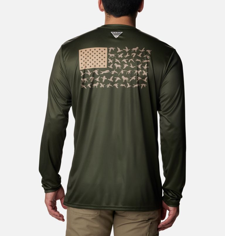 Thumbnail: Men's PHG Terminal Shot Game Flag Long Sleeve Shirt - Tall, Color: Surplus Green, Sahara Duck Flag, image 2