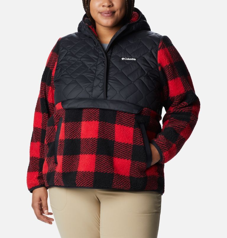 Thumbnail: Women's Sweet View Hooded Fleece Pullover - Plus Size, Color: Black, Red Lily Check, image 1