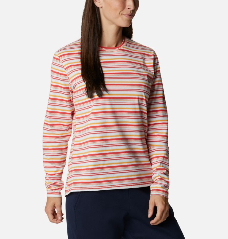 Women's Sun Trek Pattern Long Sleeve T-Shirt, Color: Coral Reef Multi Sunrise Stripe, image 5