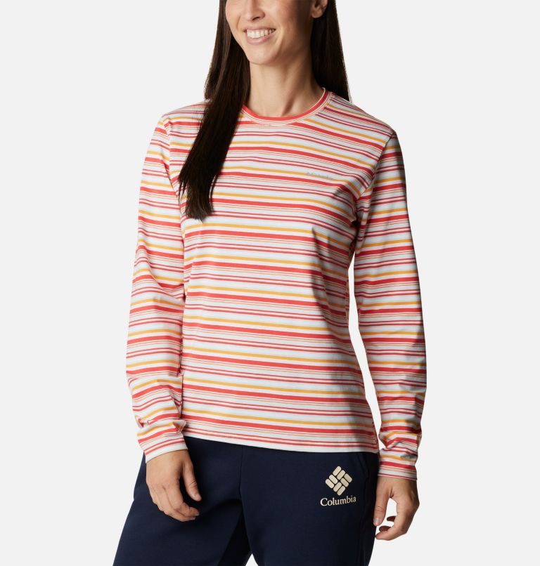 Women's Sun Trek Pattern Long Sleeve T-Shirt, Color: Coral Reef Multi Sunrise Stripe, image 1