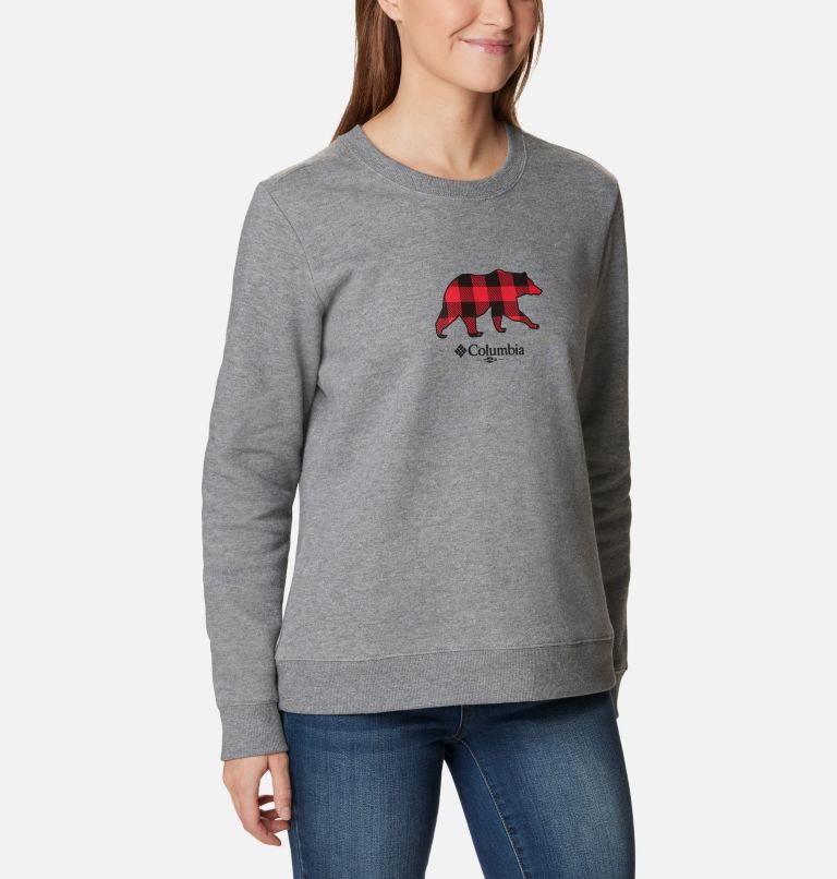 Women's Hart Mountain II Graphic Crew Sweatshirt, Color: Light Grey Heather, Bearly Plaid, image 5