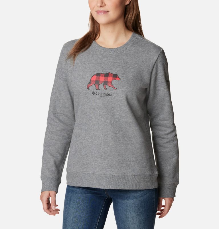 Women's Hart Mountain II Graphic Crew Sweatshirt, Color: Light Grey Heather, Bearly Plaid, image 1