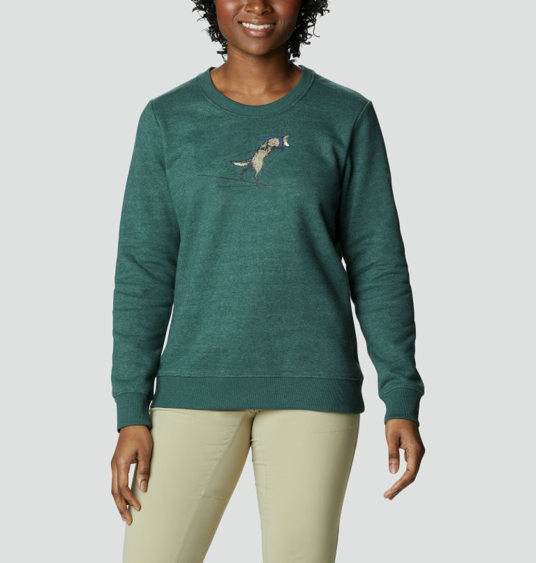 Thumbnail: Women's Hart Mountain II Graphic Crew Sweatshirt, Color: Spruce Heather, Skiing Fox, image 1