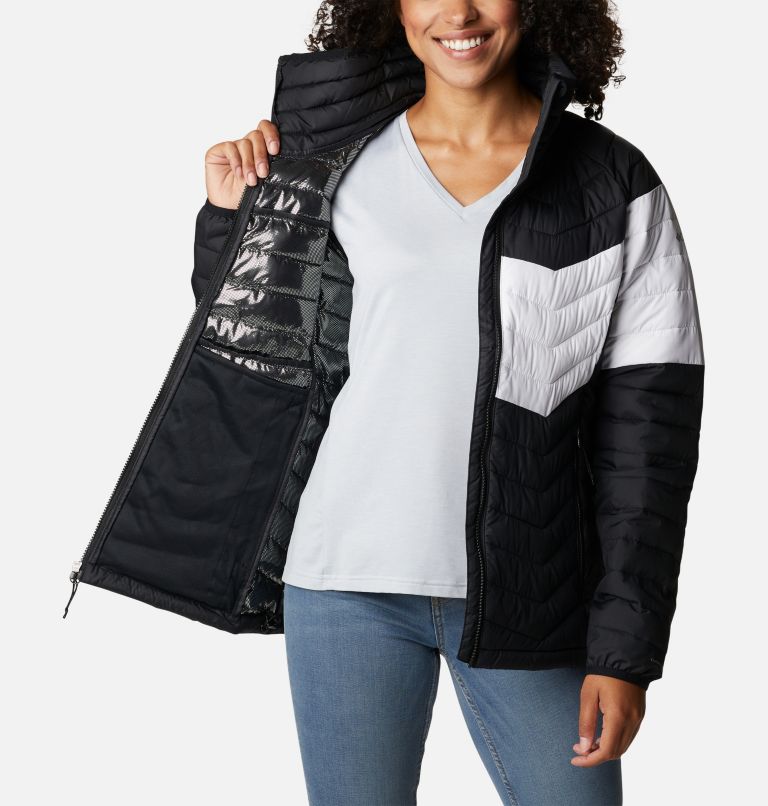 Women's Powder Lite Blocked Jacket, Color: Black, White, Black, image 5
