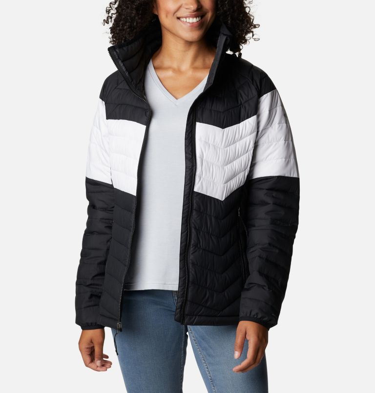 Women's Powder Lite Blocked Jacket, Color: Black, White, Black, image 7