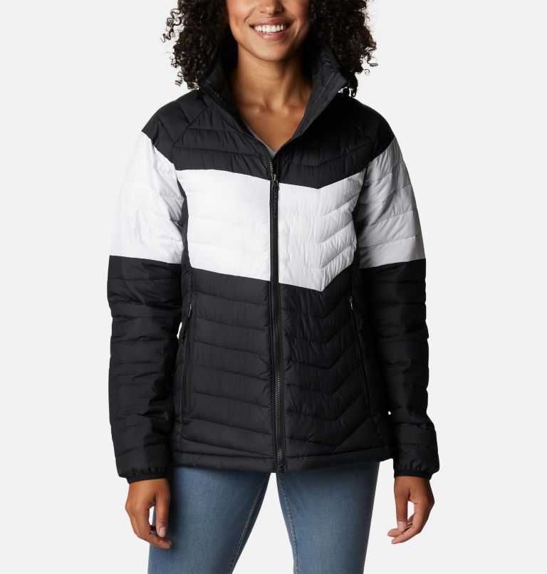 Women's Powder Lite Blocked Jacket, Color: Black, White, Black, image 1