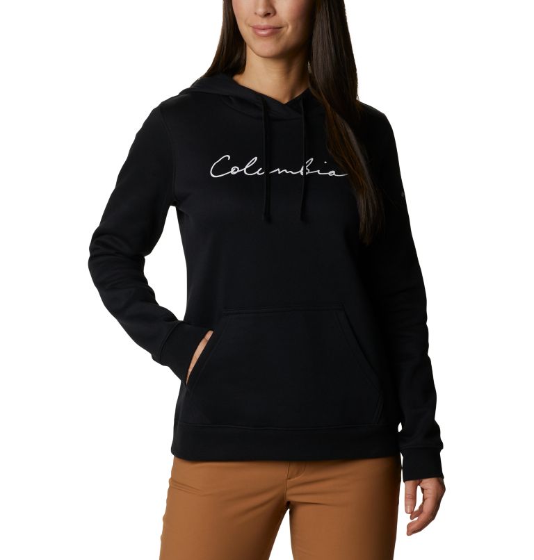Women's Trek Graphic Hoodie, Color: Black, Script Logo, image 1