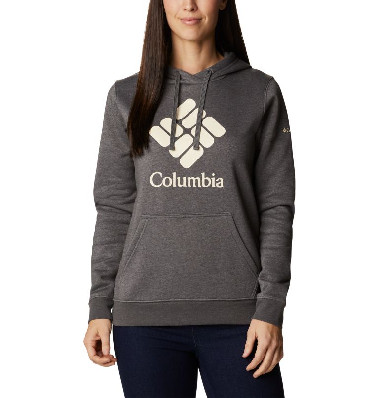 Thumbnail: Women's Columbia Trek Graphic Hoodie, Color: Charcoal Heather, Stacked Gem, image 1
