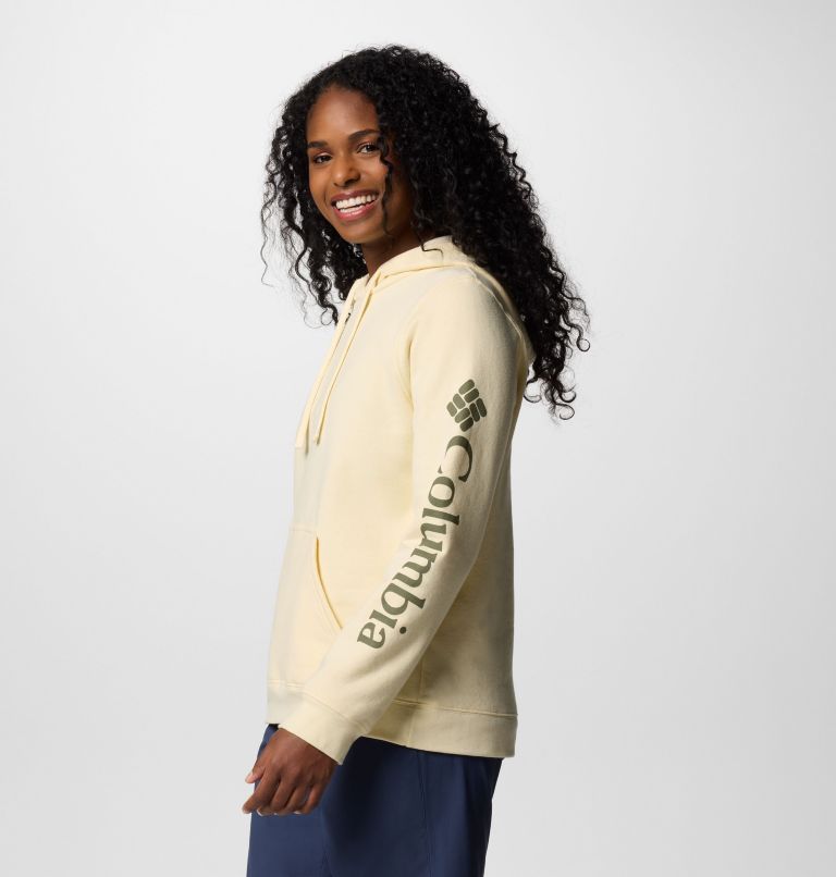 Women's Columbia Trek Graphic Hoodie, Color: Lemon Wash, Gem Columbia Sleeve, image 3