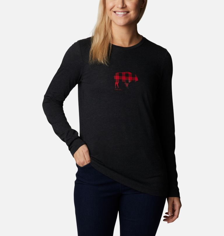 Women's Hidden Haven Long Sleeve T-Shirt, Color: Black Heather, Range Roam Print, image 1