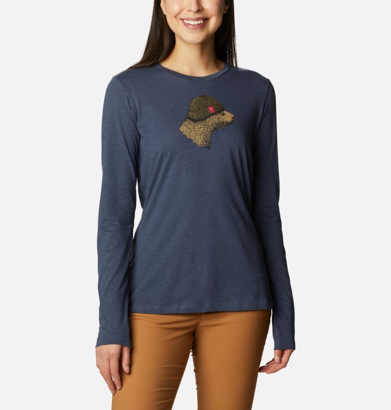 Thumbnail: Women's Hidden Haven Long Sleeve T-Shirt, Color: Nocturnal Heather, Otter, image 1